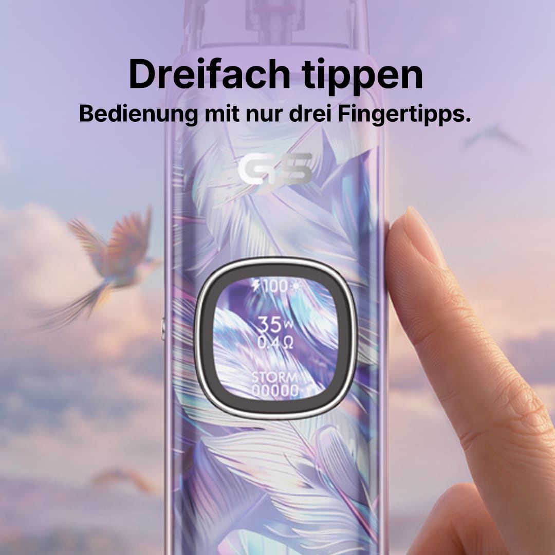Geekvape Wenax Q Pro Vape 20 mg mit Display, Finger tippt auf den Screen, Text „Dreifach tippen“ im Hintergrund
