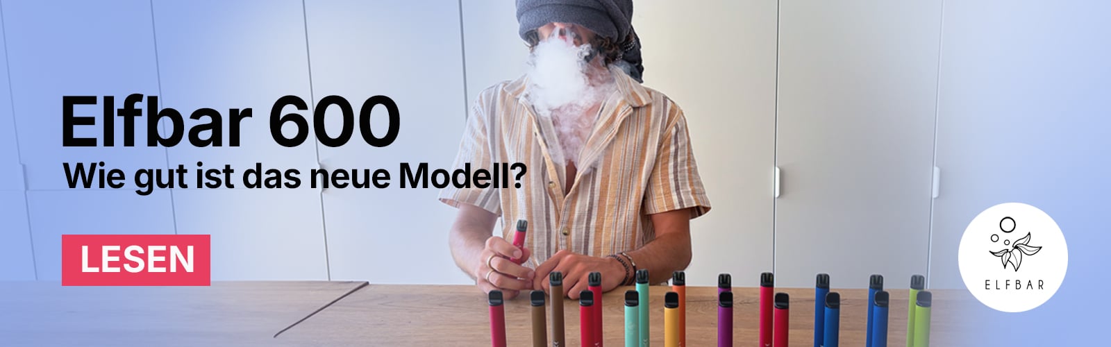 Elfbar 600 Banner: Person dampft, mehrere farbige Elfbar 600 Einweg-Vapes auf Tisch, Elfbar Logo rechts