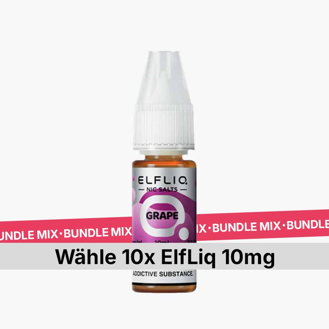 10x Elfliq Nic Salts Grape 10 mg E-Liquid Fläschchen mit violettem Etikett und Aufdruck „GRAPE“ vor weissem Hintergrund