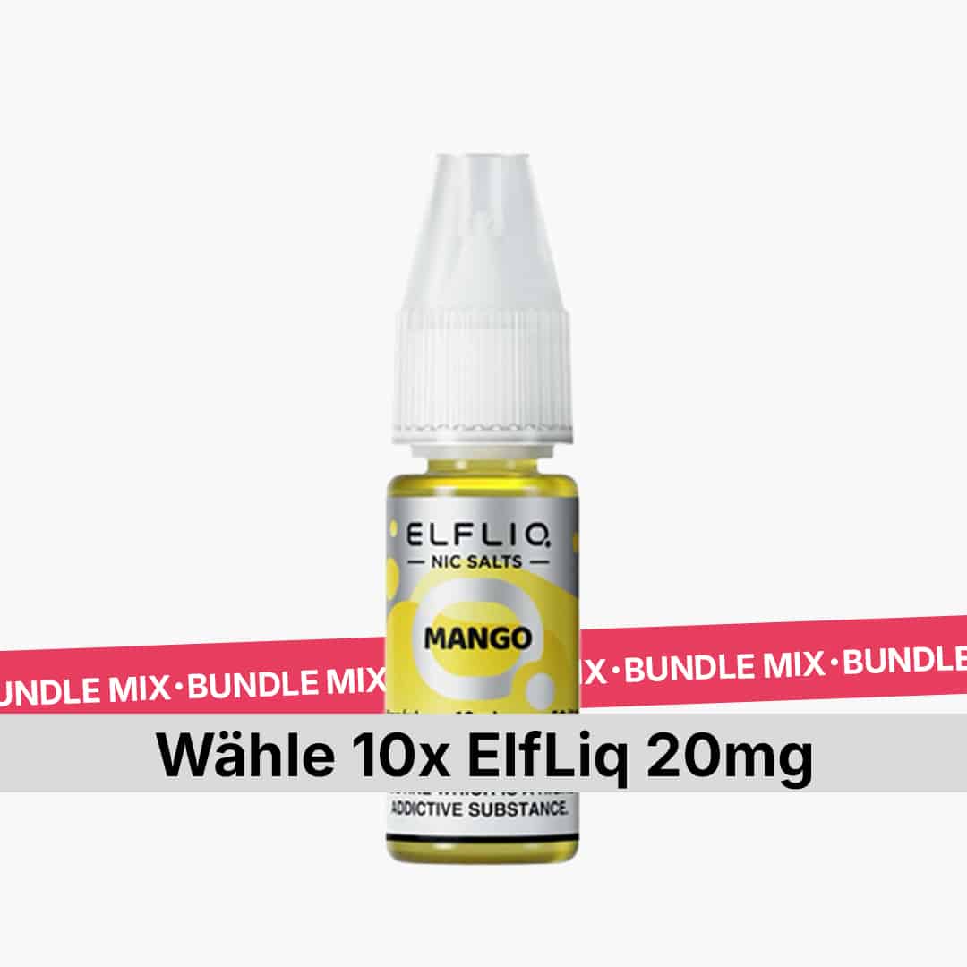 ElfLiq Nic Salts Mango 20 mg E-Liquid Flasche mit gelbem Mango-Label und Bundle-Mix-Banner im Hintergrund