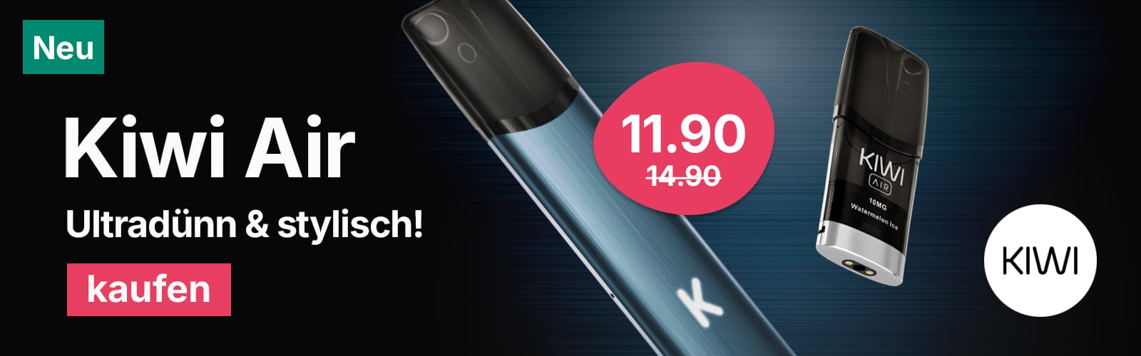 KIWI Air Vape Pod 10 mg in Blau, Variante Watermelon Ice, mit KIWI Logo und Preisaktion im Hintergrund