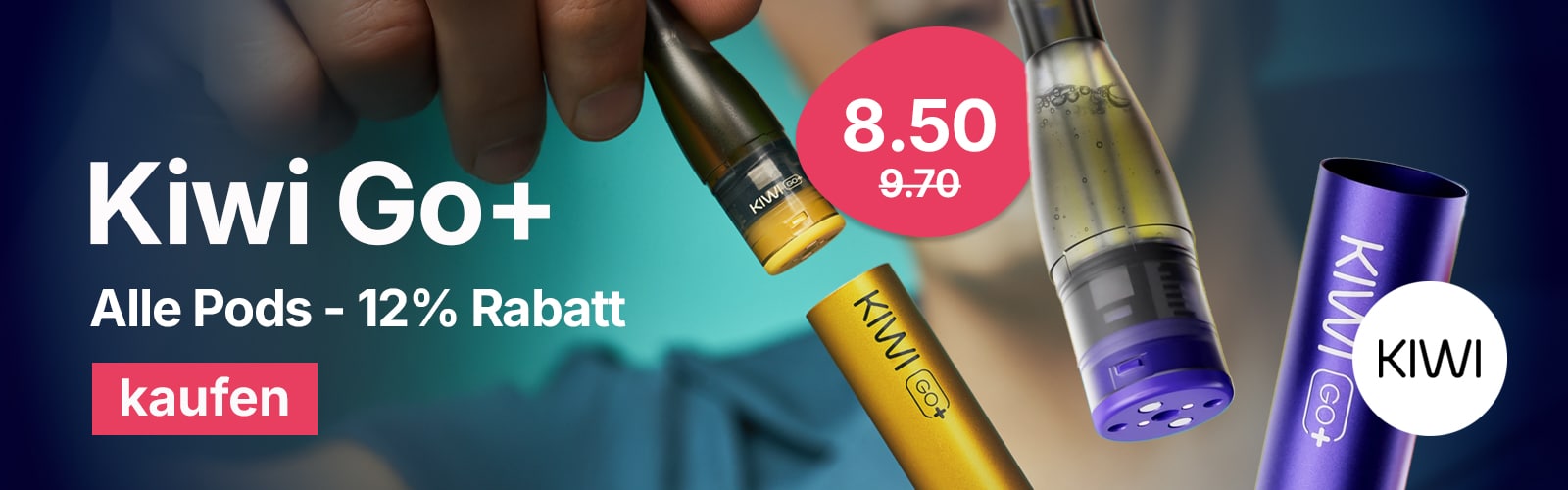Pods Kiwi Go+ et cigarette électronique, promotion : 12 % de réduction, prix : 8,50, 20 mg de nicotine, gros plan sur les pods colorés