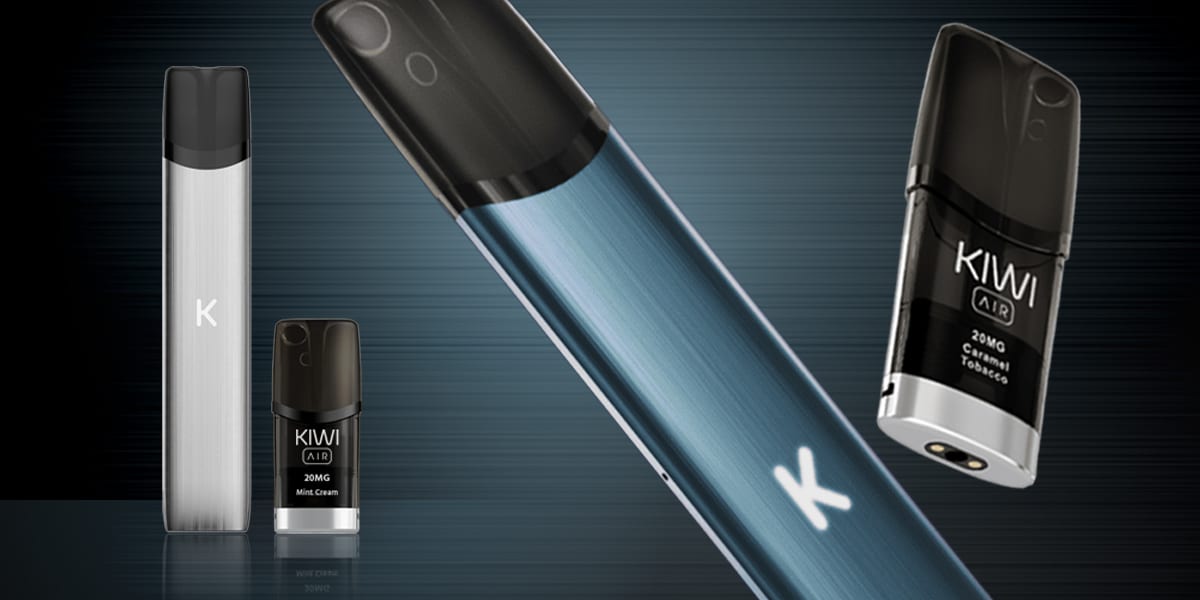 KIWI Air Pod 20 mg Mint Cream mit KIWI Device, Pod-Detail vor dunklem Hintergrund