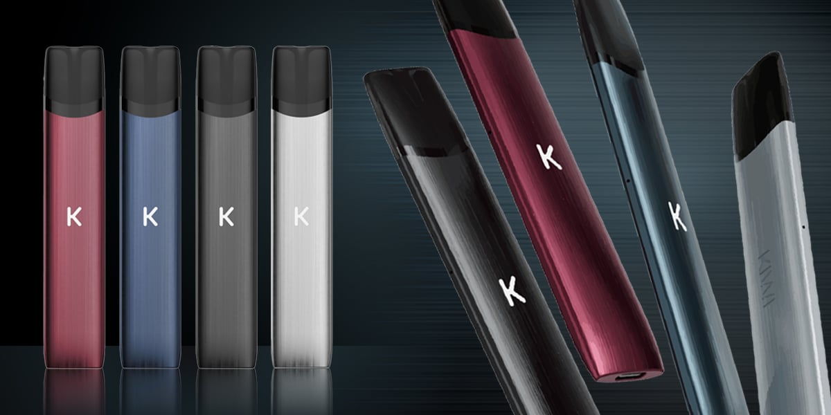 K Vape Pod Kit mit K-Logo in mehreren Farbvarianten (Rot, Blau, Schwarz, Silber/Weiss), 20 mg