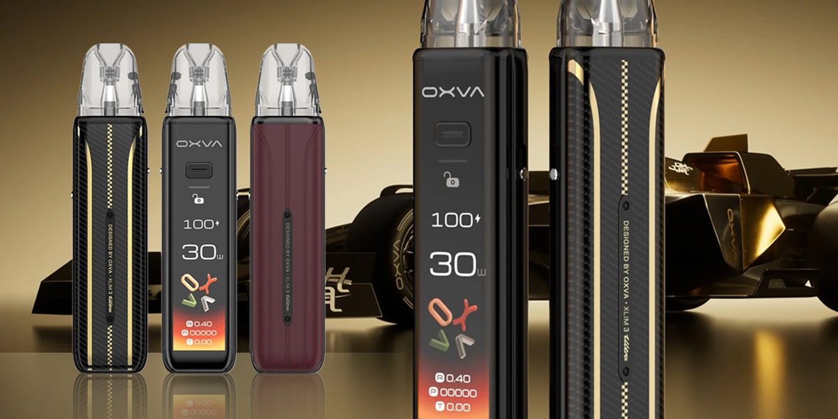 OXVA XLIM Pro Pod Kit 20 mg in Schwarz/Gold und Bordeaux, mehrere Geräte mit Display vor Rennwagen-Hintergrund