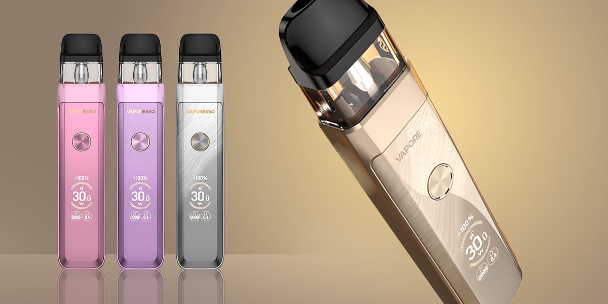 Vaporesso Pod Vape Gerät 20 mg, drei Farben Pink Lila Grau, Produktansicht mit Display und Pod-Tank