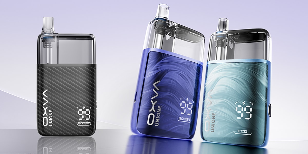 Drei OXVA Union Pod-Kits in Schwarz, Blau und Türkis mit Display (Boost/Eco) – 20 mg