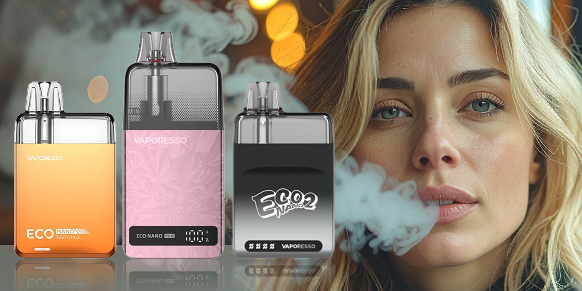 Vaporesso ECO Nano 2 Pod Vape 20 mg, disponible en orange, rose et noir, avec un modèle produisant de la vapeur