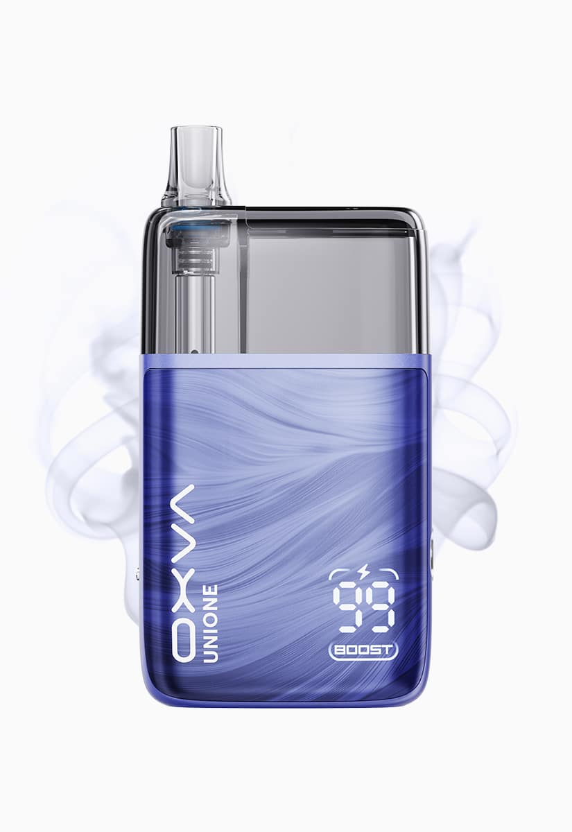 Vape OXVA Unione Pod en bleu avec écran « 99 Boost » et pod transparent, 20 mg de nicotine