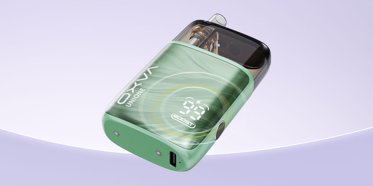 OXVA Unione Pod Vape in Mintgrün mit Display und USB-C Anschluss, 20 mg Nikotin, freigestellt auf hellem Hintergrund