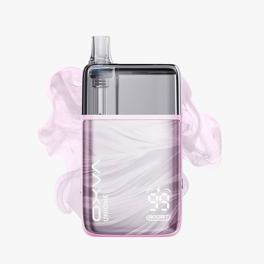OXVA Unione Pod Vape 20 mg in Pink und Silber mit transparentem Pod und Dampf-Optik vor hellem Hintergrund