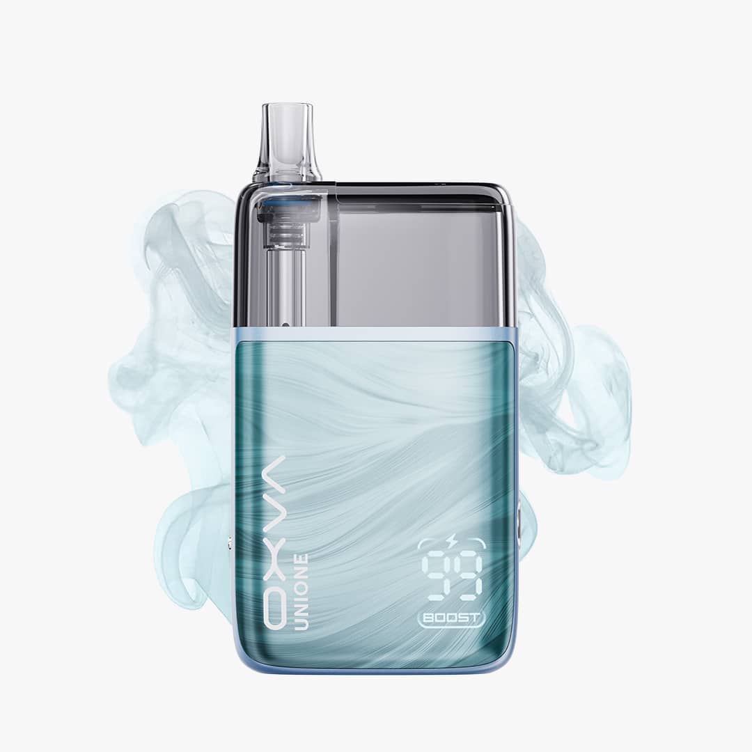 Oxva UniOne Pod Vape in Blau/Türkis mit transparentem Mundstück und Display, Nikotin 20 mg, Produktfoto