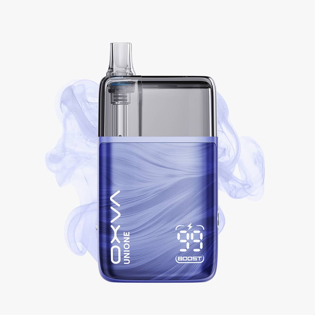 OXVA Unione Vape Gerät in Blau mit transparentem Pod und Anzeige „99 BOOST“, freigestellt auf weissem Hintergrund, 20 mg.