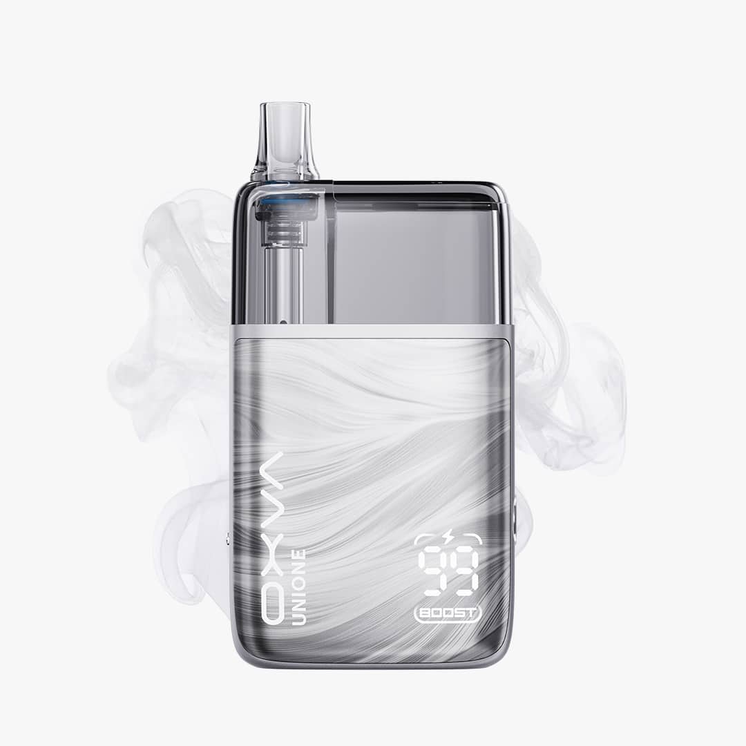 OXVA Unione Vape in Silber mit Display und transparentem Pod, Produktbild auf hellem Hintergrund, 20 mg