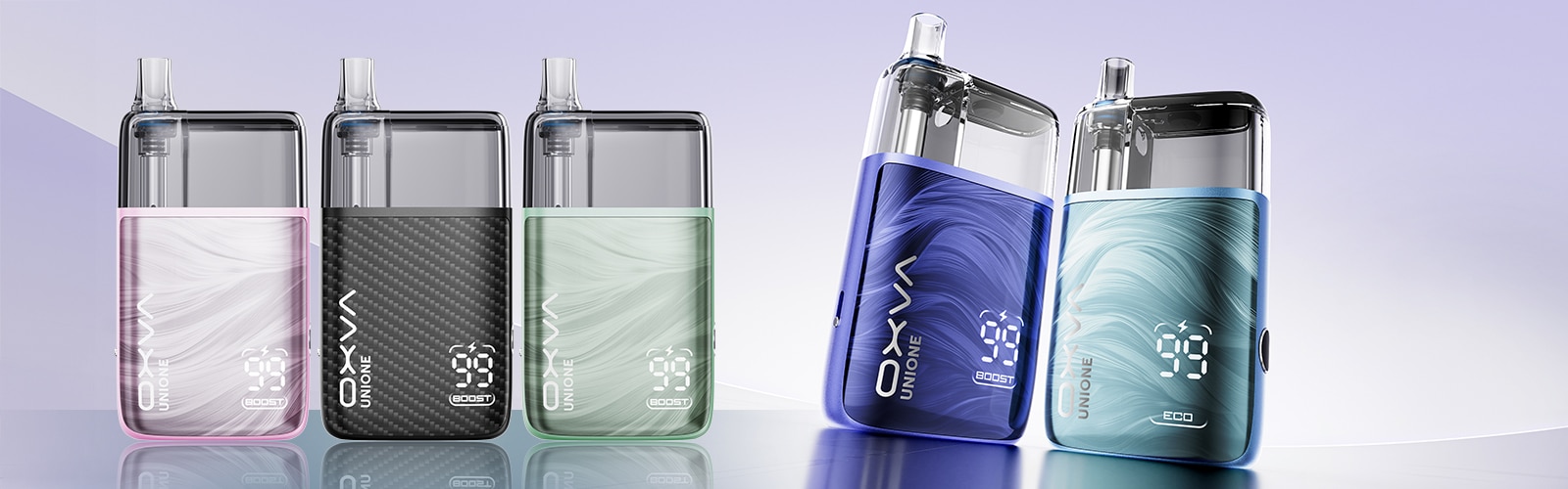 OXVA Unione Pod Vape in fünf Farben mit Display und Boost/Eco-Anzeige, 20 mg, auf hellem Hintergrund
