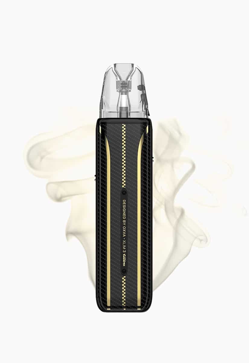 OXVA XLIM 3 Vape Gerät in Carbon Black mit goldenen Streifen, transparentes Pod oben, 20 mg