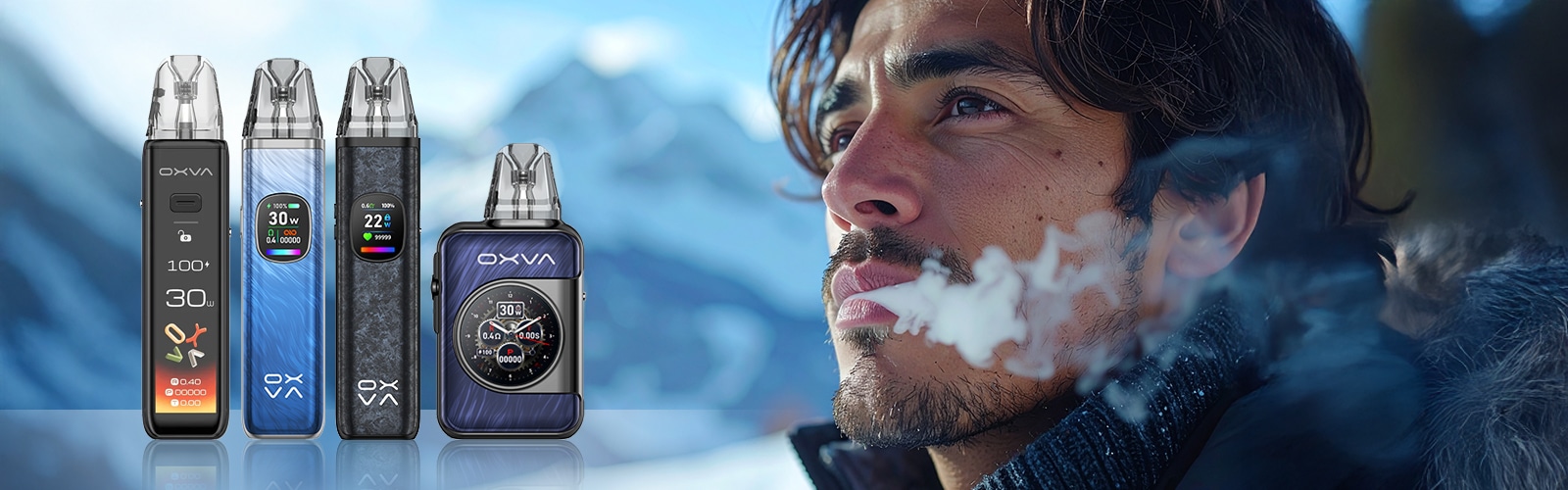 Kit de vapotage OXVA XLIM Pro Pod avec écran, disponible en bleu et noir, à côté : un homme en train de vapoter devant un paysage de montagne, 20 mg