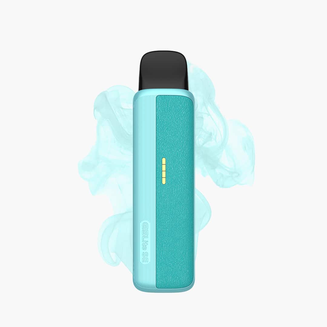 Geekvape GSLite S2 Pod Vape in Türkis mit schwarzem Mundstück und LED-Anzeige, 20 mg, freigestellt mit blauem Dampf