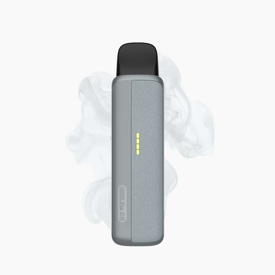 GSLite S8 Pod Vape in Grau mit LED-Anzeige, 20 mg Nikotin, Frontansicht mit Dampf auf hellem Hintergrund