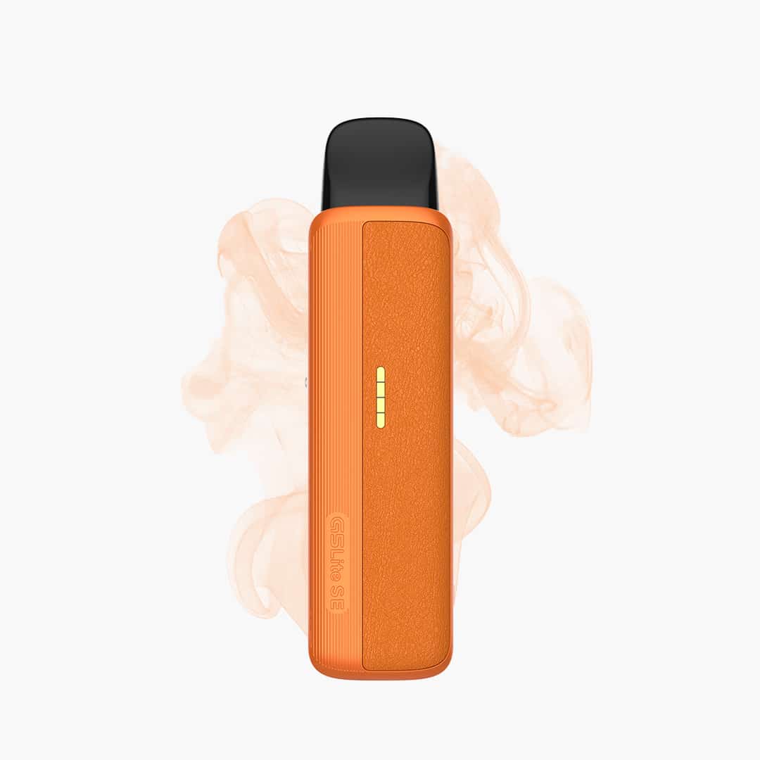 GSLite SB Pod Vape in Orange mit schwarzem Mundstück, 20 mg Nikotin, freigestellt mit leichtem Dampf im Hintergrund