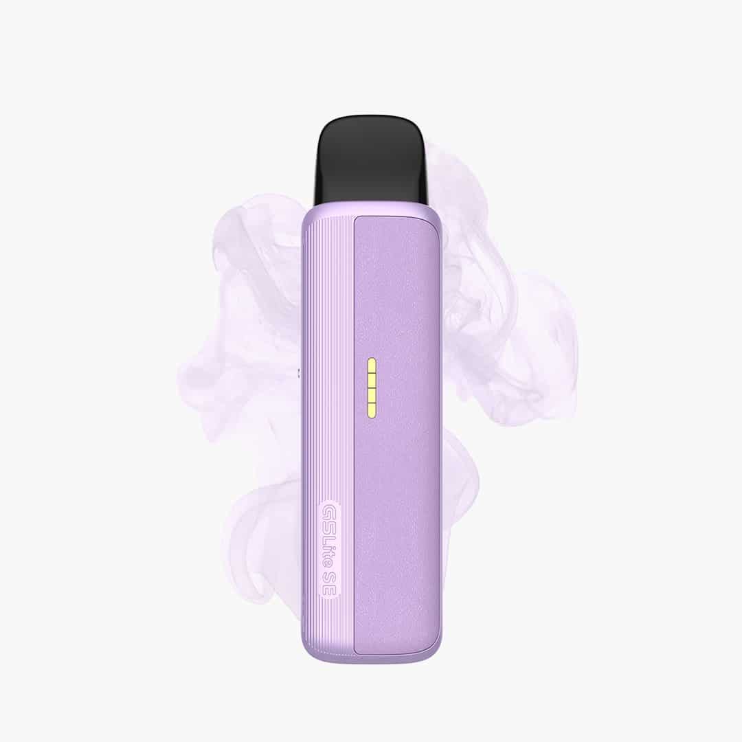 GSLite S8 Pod Vape in Lila mit schwarzem Mundstück und LED-Anzeige, 20 mg Nikotin, freigestellt mit Dampf