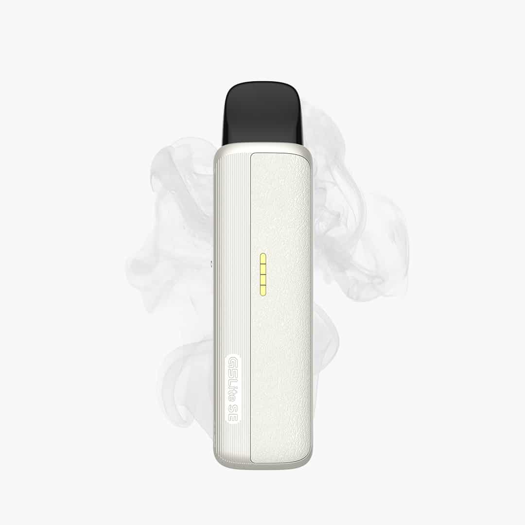 GSLite S9 Pod Vape in Weiß mit schwarzem Mundstück und LED-Anzeige, 20 mg Nikotin, freigestellt mit Dampf