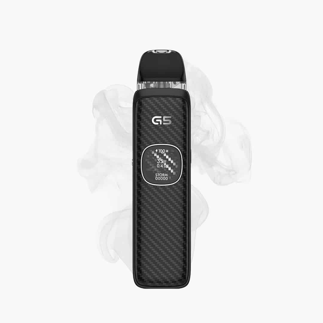 Geekvape Wenax Q Pro Vape in Carbon Black, schwarzes Carbon-Design mit Display, Produktbild auf weissem Hintergrund, 20 mg