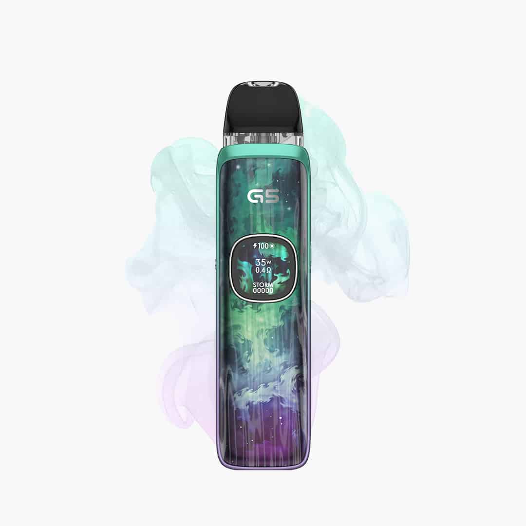 GS Pod Vape Gerät „Storm“ in Grün-Lila mit Display, 20 mg, freigestellt mit leichtem Dampf-Hintergrund