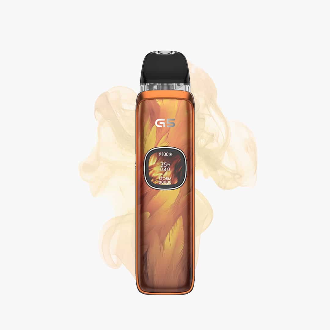 GEEKVAPE Aegis Pod Kit in Orange mit Display und schwarzem Mundstück vor hellem Rauch-Hintergrund, 20 mg