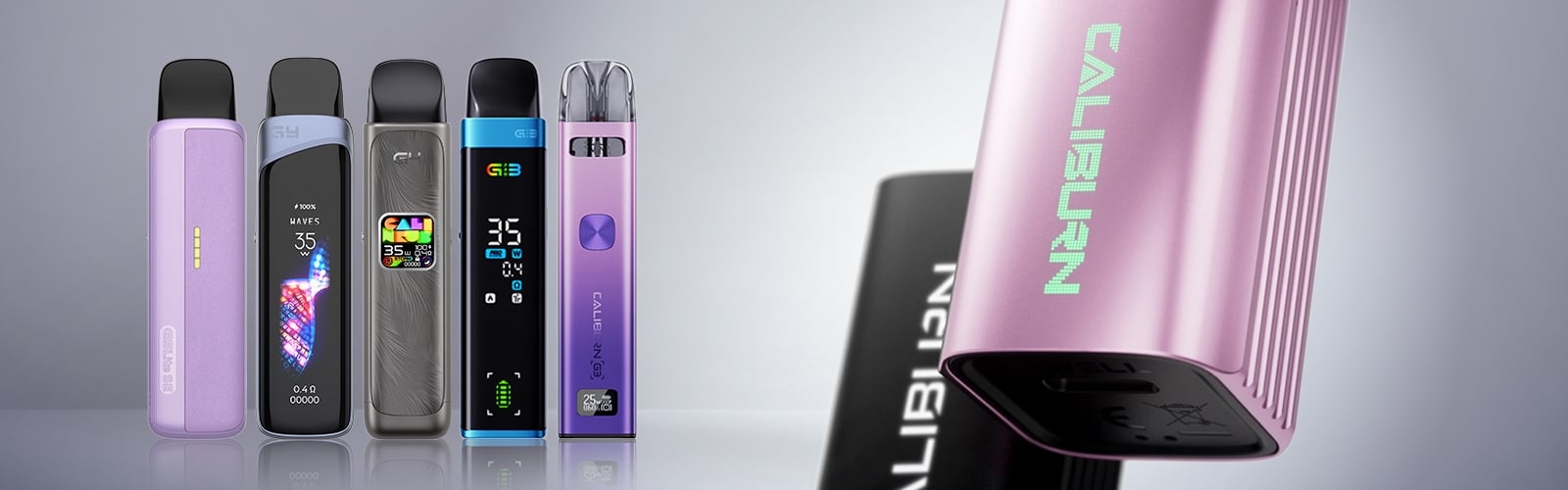 Vape Pod Caliburn G3 violet avec logo CALIBURN, plusieurs appareils côte à côte, teneur en nicotine 20 mg