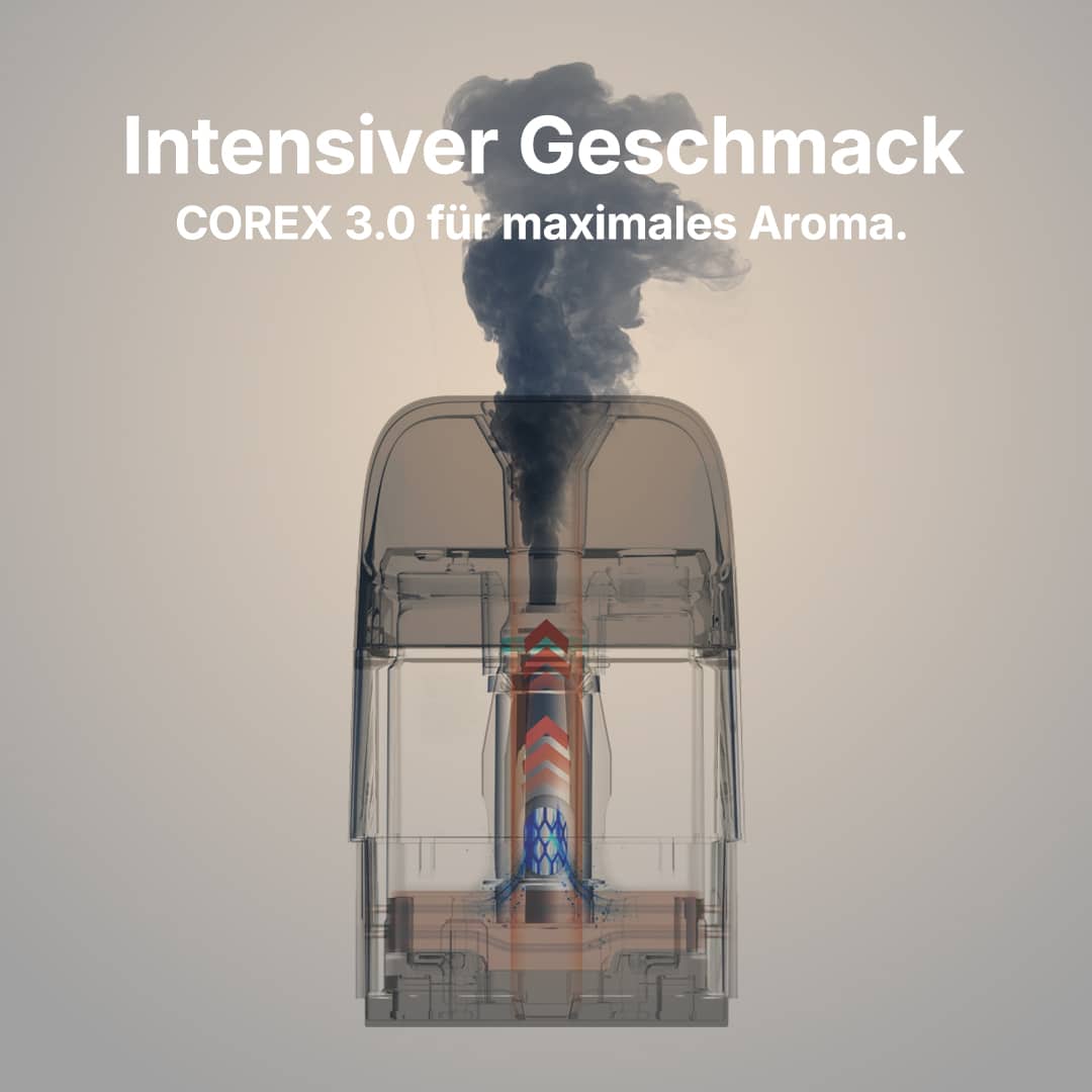 Querschnitt-Illustration eines Vape-Pods mit Dampf, Text: „Intensiver Geschmack – COREX 3.0 für maximales Aroma“, 20 mg