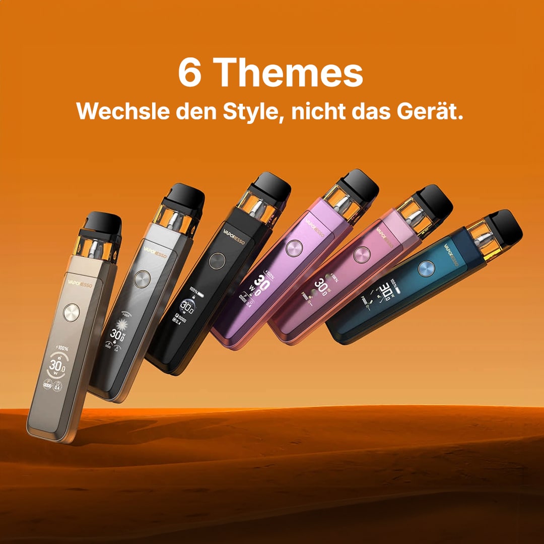 Vaporesso Pod Vape Gerät 20 mg in 6 Farben/Themes vor orangefarbenem Hintergrund mit Text „6 Themes“