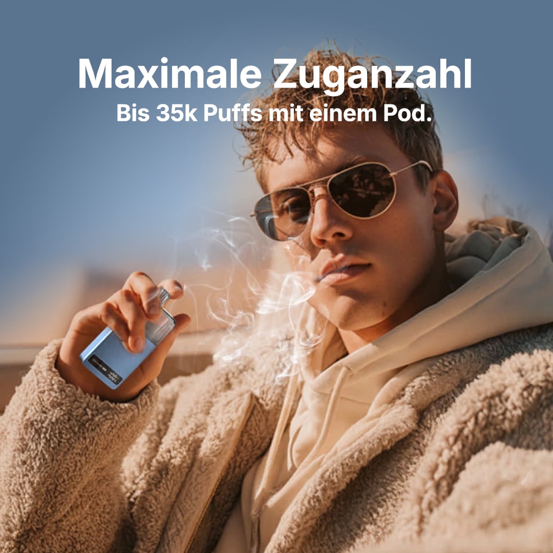 Mann mit Sonnenbrille nutzt blaues Pod-Vape-Gerät, Text: Maximale Zuganzahl bis 35k Puffs, 20 mg Nikotin.