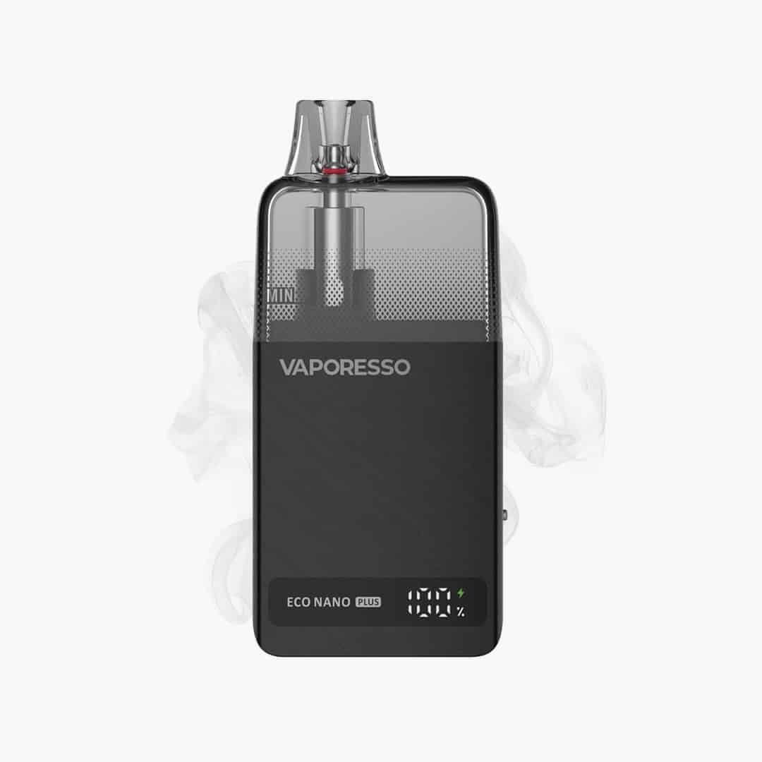 Vaporesso Eco Nano Plus Pod Vape in Schwarz mit transparentem Pod und Displayanzeige, 20 mg Nikotin, Frontansicht