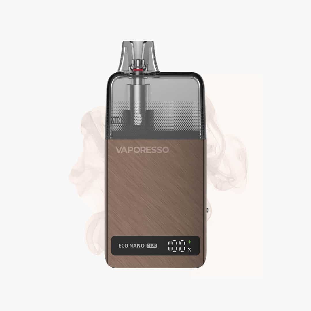 Vaporesso ECO NANO Plus Pod Kit in Braun mit transparentem Pod und Displayanzeige, 20 mg Nikotin, freigestellt
