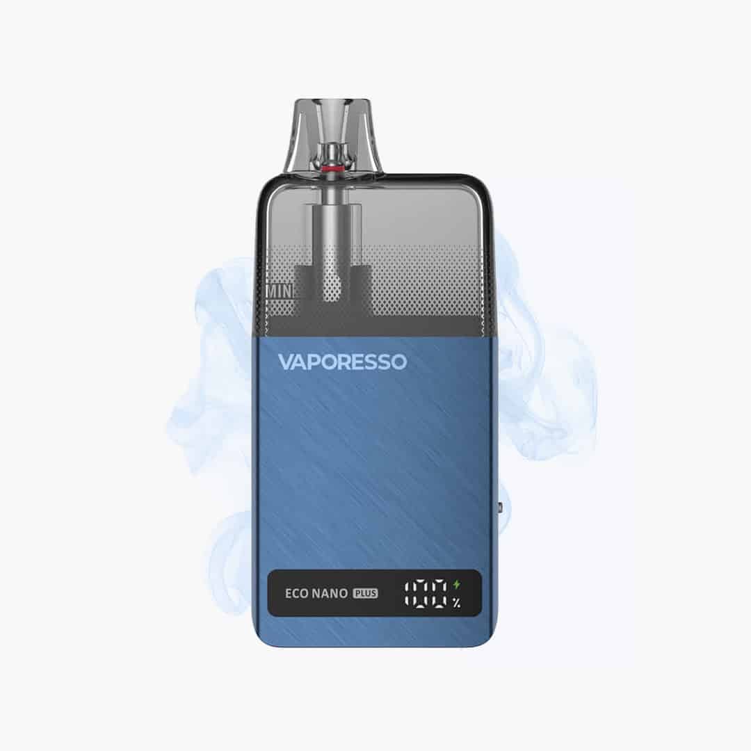 Vaporesso Eco Nano Plus Pod Kit in Blau mit sichtbarem Tankbereich und Display auf weißem Hintergrund, 20 mg