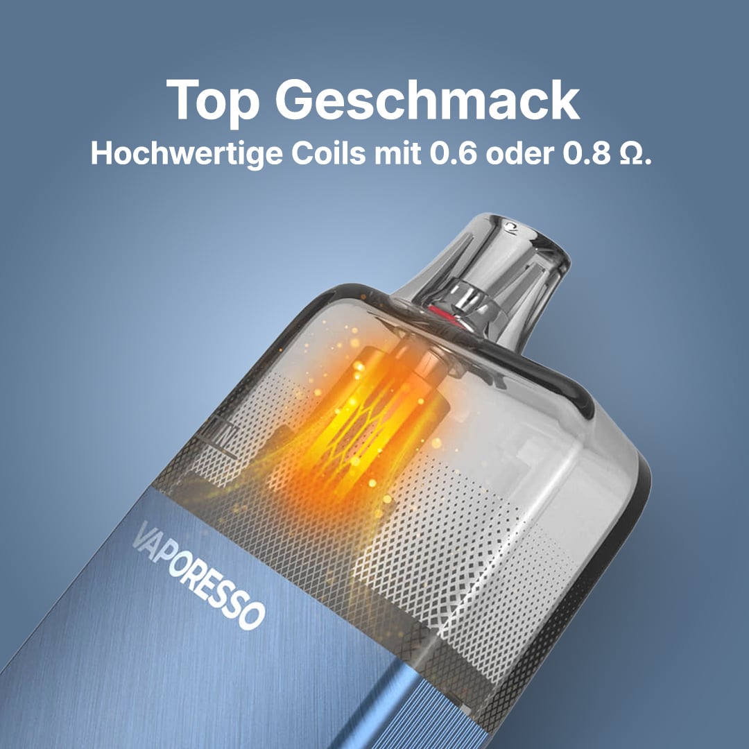 Vaporesso Vape Gerät in Blau mit transparentem Pod und Hinweis auf hochwertige Coils 0,6 oder 0,8 Ω, 20 mg