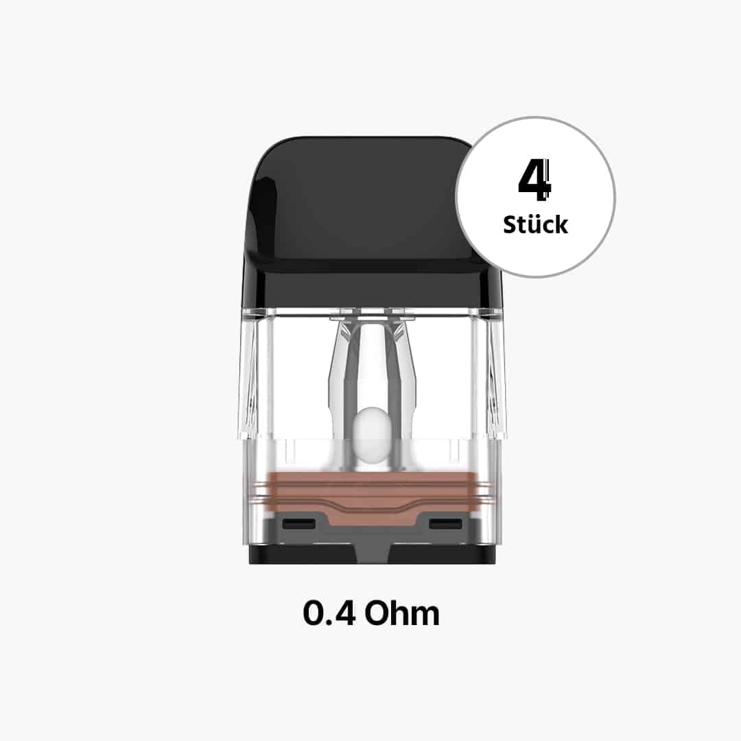 Transparente Pod-Cartridge mit schwarzem Mundstück, 0.4 Ohm, 4 Stück Pack, freigestelltes Produktbild