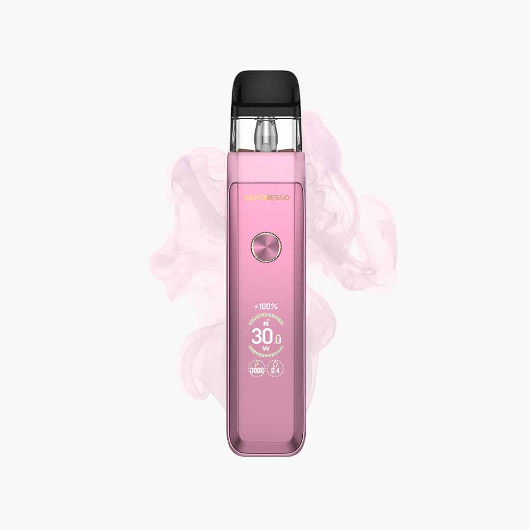 Vaporesso Luxe X2 Pod Vape in Pink mit schwarzem Pod, Frontansicht mit Display und Dampf, 20 mg