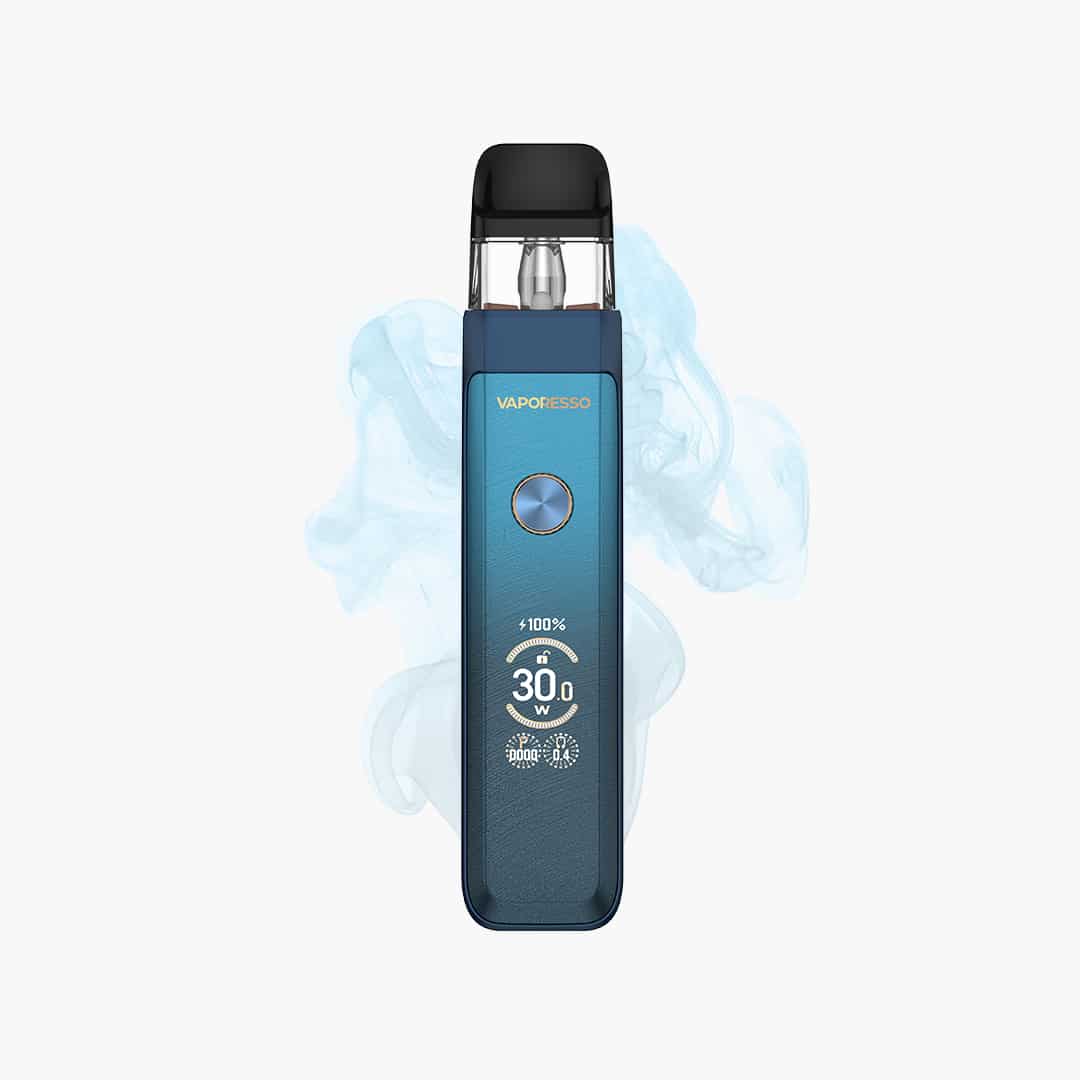 Vaporesso Pod-Vape in Blau mit Display (30.0 W) und schwarzem Pod, 20 mg, freigestellt mit Dampf-Hintergrund