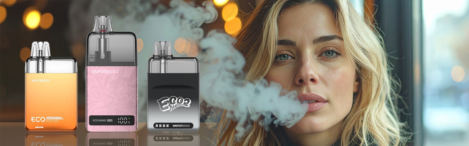 Vaporesso ECO Nano 2 et ECO Nano Plus Vape 20 mg en orange, rose et noir, avec à côté une personne entourée d'un nuage de vapeur