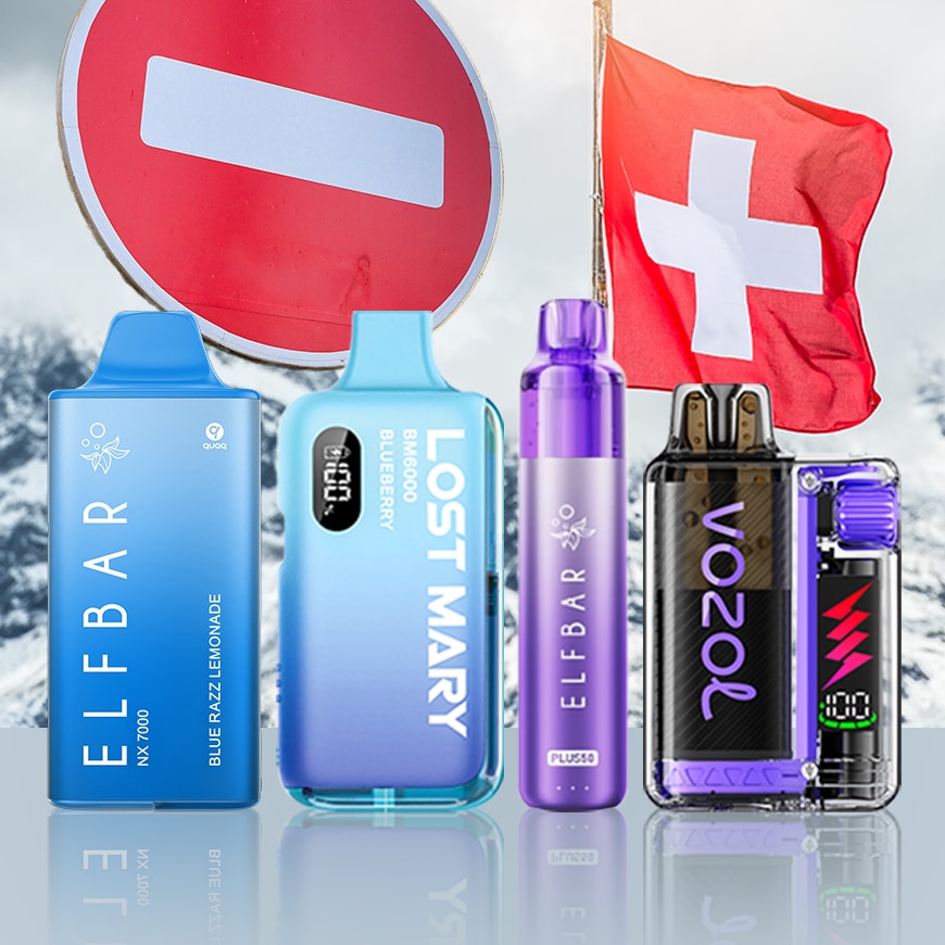 Puffs ELF BAR, LOST MARY VOZOL, 20 mg, bleus et violets, devant le drapeau suisse et un panneau d'interdiction