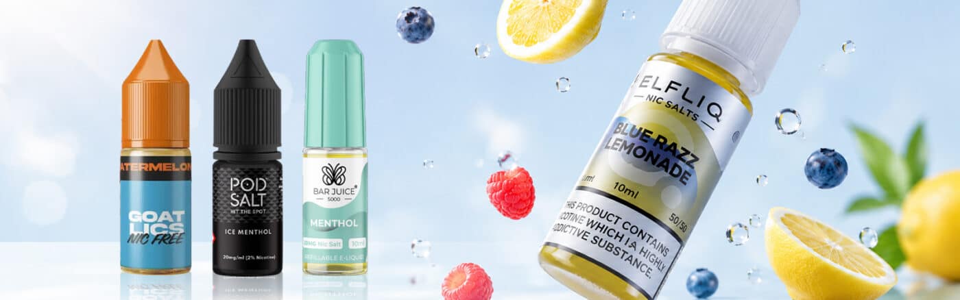 Elfliq Nic Salts Blue Razz Lemonade E-Liquid 20 mg, 10 ml Flasche mit Zitronen- und Beeren-Motiv im Hintergrund