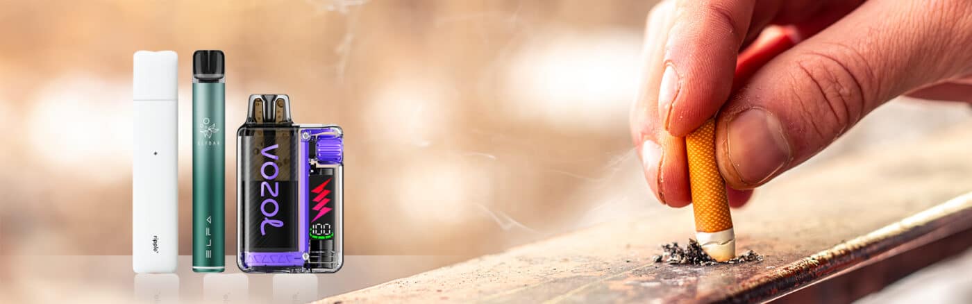 Mehrere Vape-Geräte neben einer Hand, die eine Zigarette ausdrückt, 20 mg Nikotin