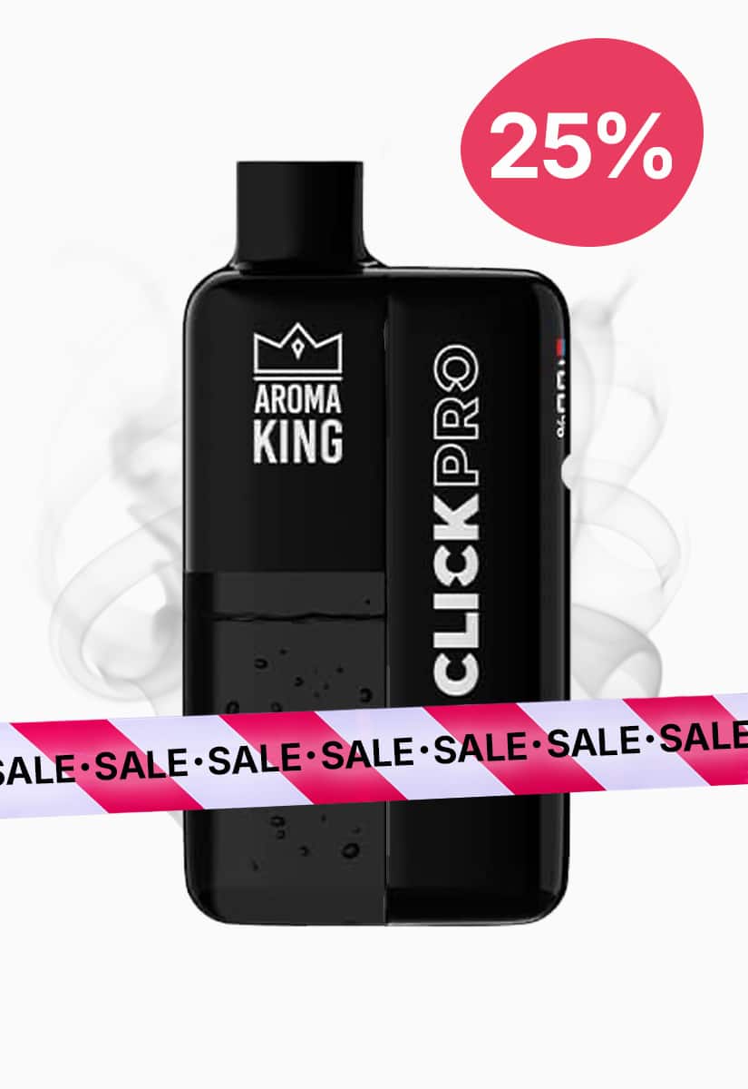 Black Aroma King Pro Vape 20 mg with printed logo, SALE ribbon, and 25% badge on a white background