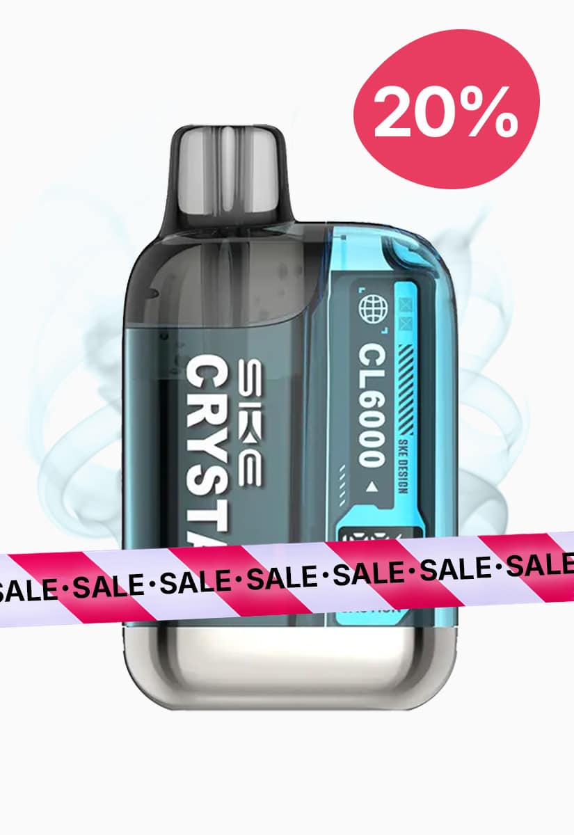 SKE Crystal CL6000 disposable vape in blue/black with "CL6000" printed on it, 20 mg; sale banner and 20% off circle visible