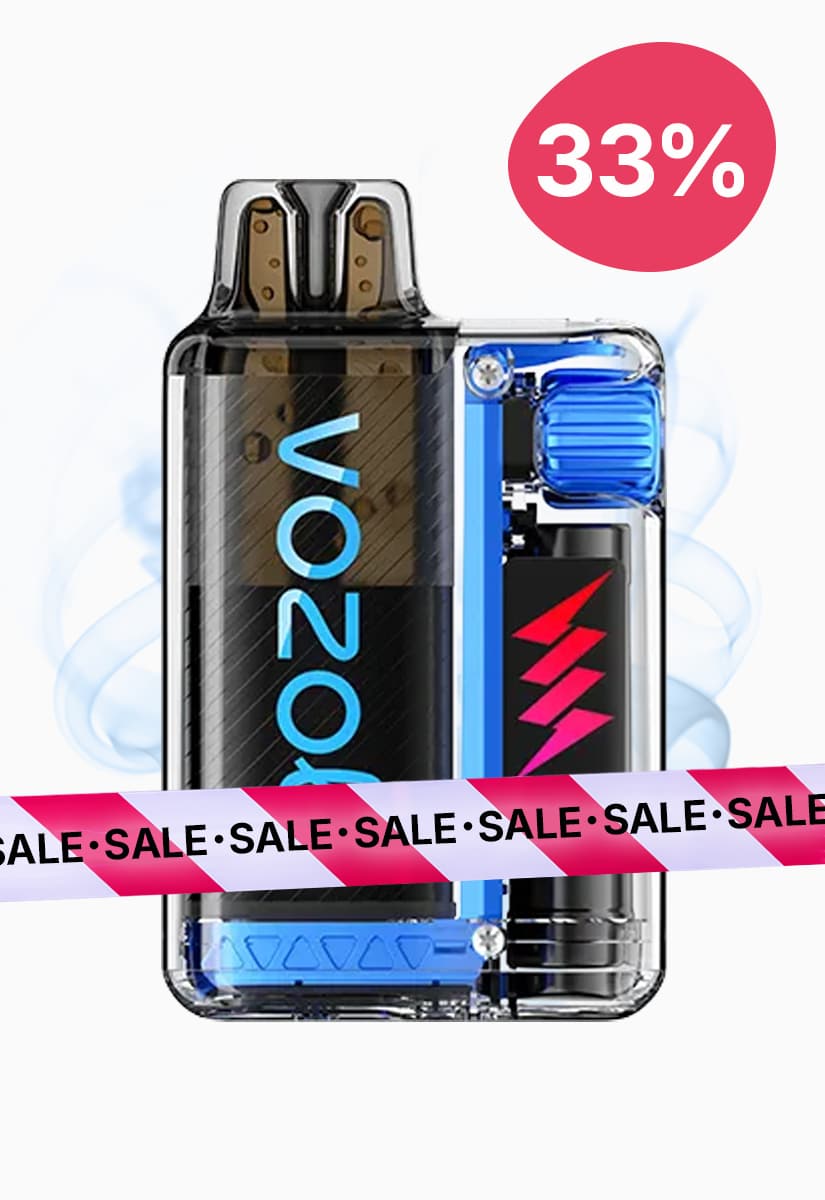 VOZOL Einweg-Vape in Blau, transparentes Gehäuse mit sichtbarem Akku, 20 mg; Sale-Banner und 33% Badge im Bild