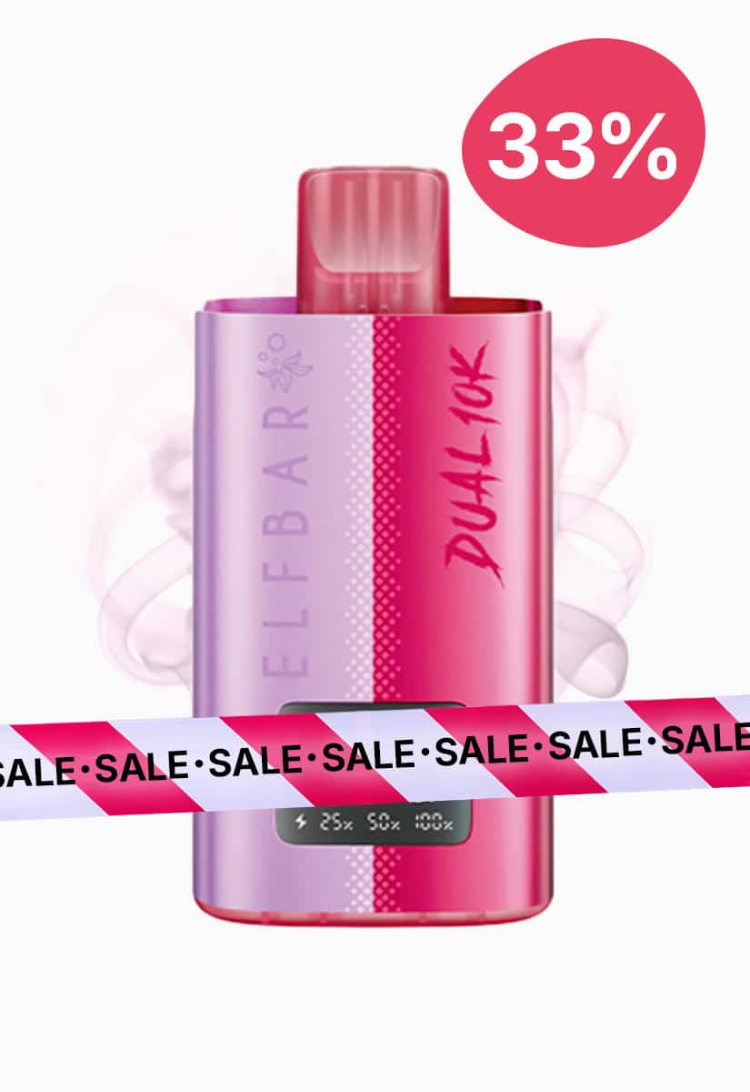 Elfbar Dual 10K Vape in Pink-Lila mit Mundstück und Display, 20 mg, mit 33% Rabatt-Icon und SALE-Band
