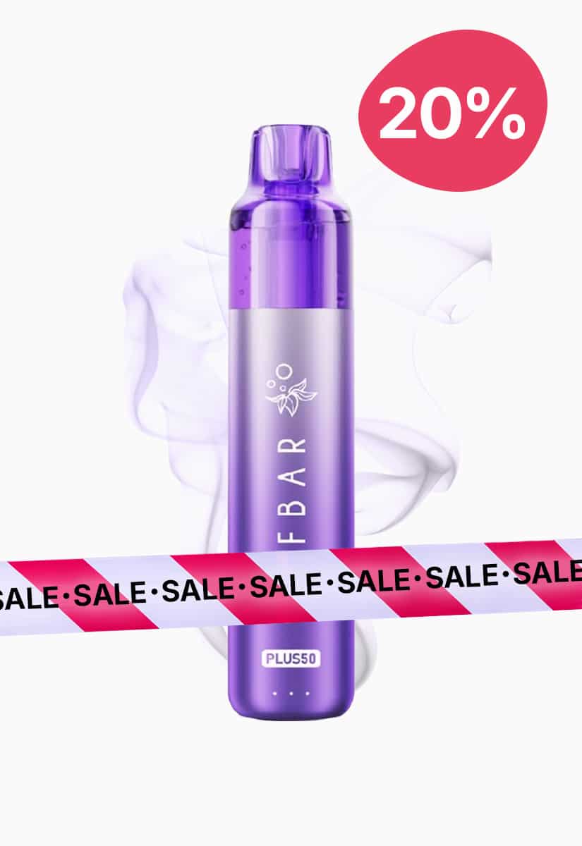 Lila Elf Bar Plus50 Einweg-Vape mit 20 mg Nikotin vor Rauchwolken, mit 20%-Sale-Label und Sale-Band.