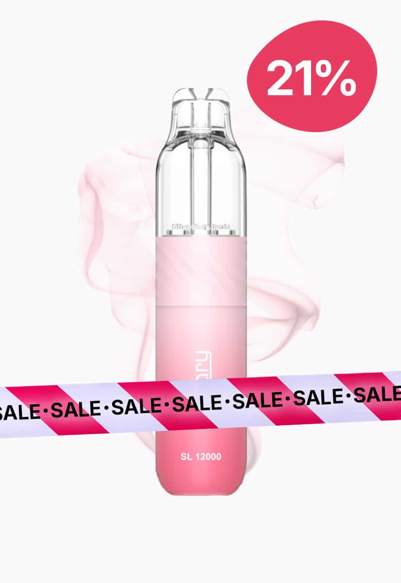 SKE Crystal SL 12000 Vape Strawberry Burst 20 mg, couleur rose, avec une étiquette « SALE » et une mention de remise de 21 % sur fond blanc